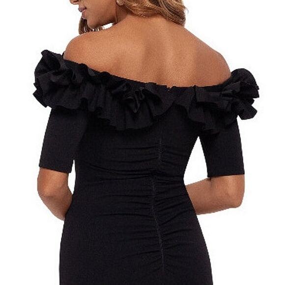 XSCAPE Women's Ruffled Off-the-Shoulder Short Sleeve Crepe Sheath Gown 12 NWT - Picture 5 of 14